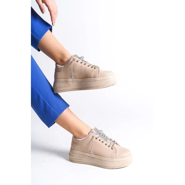 DELLA Bağcıklı Ortopedik Taban Taşlı Kadın Sneaker Spor Ayakkabı TT - Ten