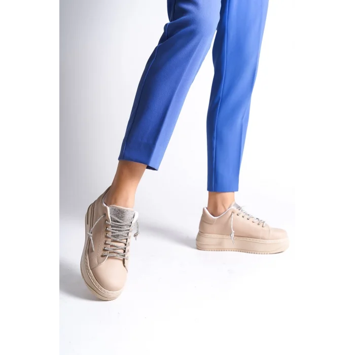 DELLA Bağcıklı Ortopedik Taban Taşlı Kadın Sneaker Spor Ayakkabı TT - Ten