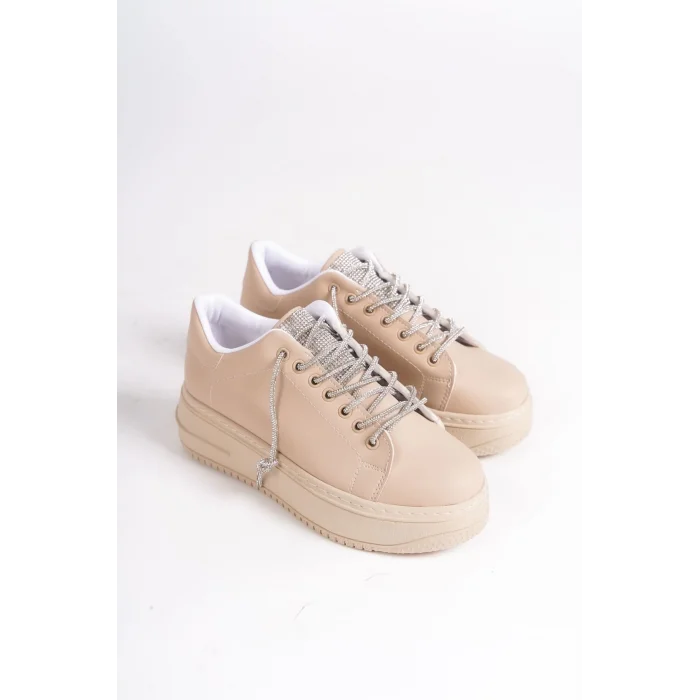 DELLA Bağcıklı Ortopedik Taban Taşlı Kadın Sneaker Spor Ayakkabı TT - Ten