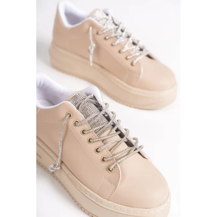 DELLA Bağcıklı Ortopedik Taban Taşlı Kadın Sneaker Spor Ayakkabı TT - Ten