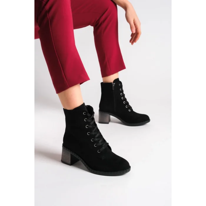 DIANA Bağcıklı Fermuarlı Ortopedik Taban Topuklu Süet Kadın Bot  ST - Siyah