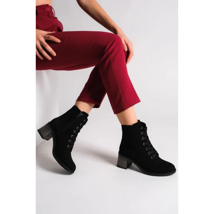 DIANA Bağcıklı Fermuarlı Ortopedik Taban Topuklu Süet Kadın Bot  ST - Siyah