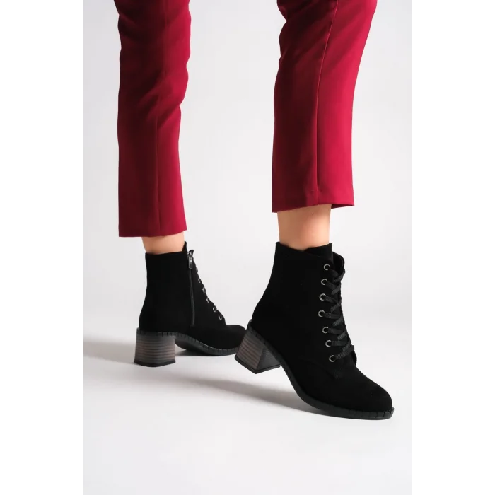 DIANA Bağcıklı Fermuarlı Ortopedik Taban Topuklu Süet Kadın Bot  ST - Siyah