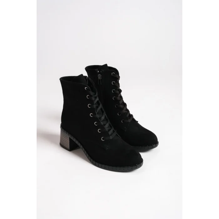 DIANA Bağcıklı Fermuarlı Ortopedik Taban Topuklu Süet Kadın Bot  ST - Siyah