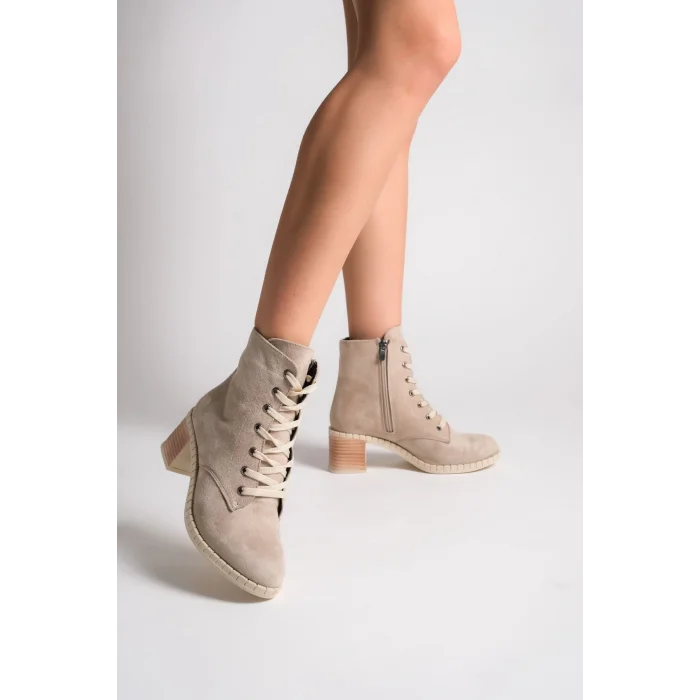 DIANA Bağcıklı Fermuarlı Ortopedik Taban Topuklu Süet Kadın Bot STT - Ten