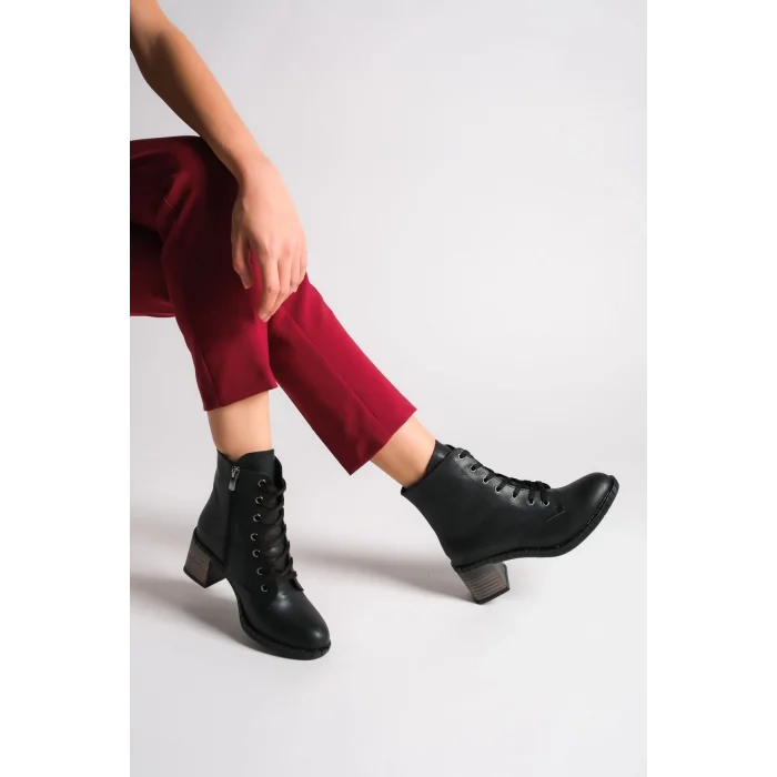 DIANA Bağcıklı Fermuarlı Ortopedik Taban TopukluKadın Bot ST - Siyah