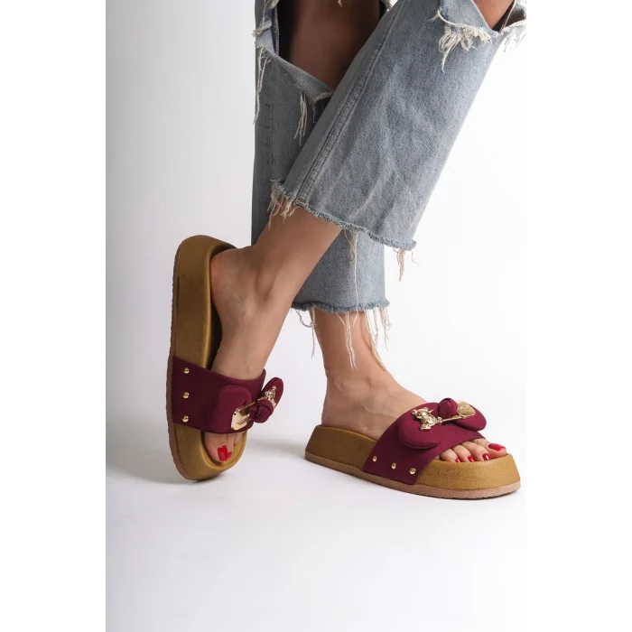 DILA Kalın ve Ortopedik Taban Ayıcıklı Saten Kadın Terlik  KT - Bordo