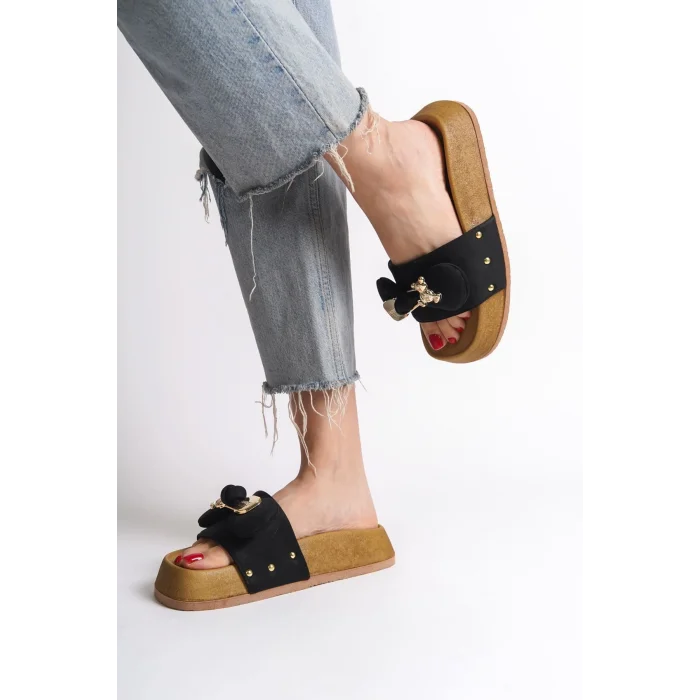 DILA Kalın ve Ortopedik Taban Ayıcıklı Saten Kadın Terlik  KT - Siyah