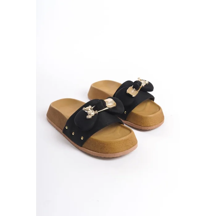 DILA Kalın ve Ortopedik Taban Ayıcıklı Saten Kadın Terlik  KT - Siyah