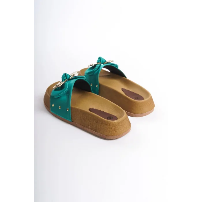 DILA Kalın ve Ortopedik Taban Ayıcıklı Saten Kadın Terlik  KT - Yeşil