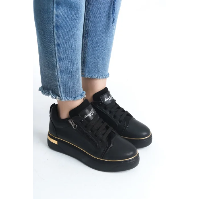 DINA Bağcıklı Fermuarlı Ortopedik Taban Kadın Sneaker Spor Ayakkabı  ST - Siyah/Altın