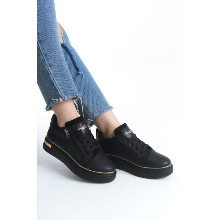 DINA Bağcıklı Fermuarlı Ortopedik Taban Kadın Sneaker Spor Ayakkabı  ST - Siyah/Altın
