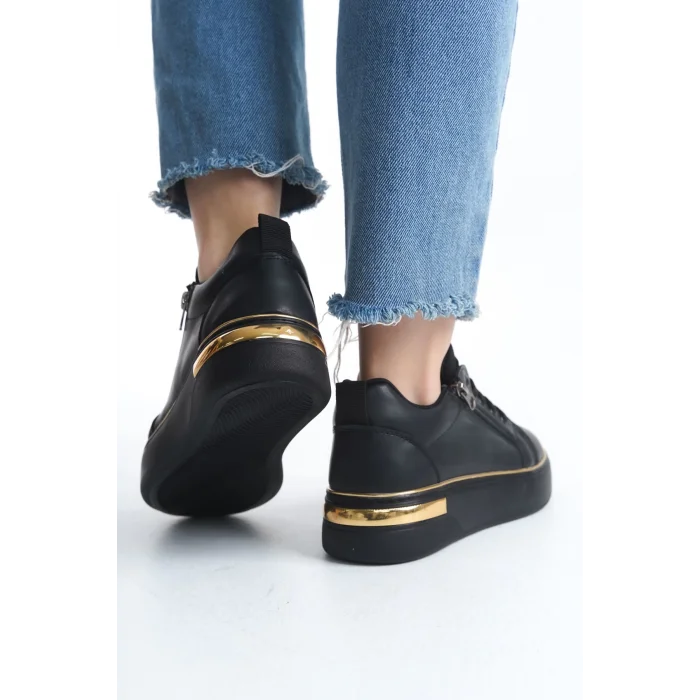 DINA Bağcıklı Fermuarlı Ortopedik Taban Kadın Sneaker Spor Ayakkabı  ST - Siyah/Altın