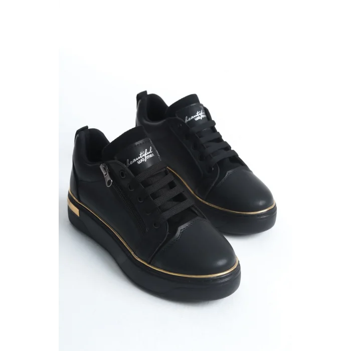 DINA Bağcıklı Fermuarlı Ortopedik Taban Kadın Sneaker Spor Ayakkabı  ST - Siyah/Altın