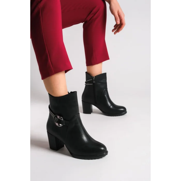 EDNA Fermuarlı Ortopedik Taban Taşlı Topuklu Kadın Bot ST - Siyah