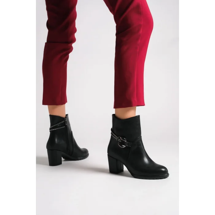 EDNA Fermuarlı Ortopedik Taban Taşlı Topuklu Kadın Bot ST - Siyah