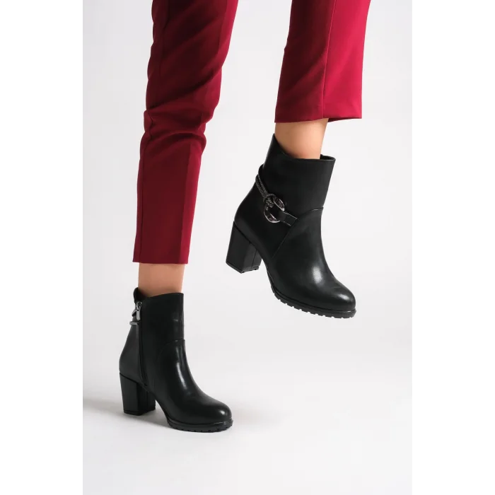 EDNA Fermuarlı Ortopedik Taban Taşlı Topuklu Kadın Bot ST - Siyah