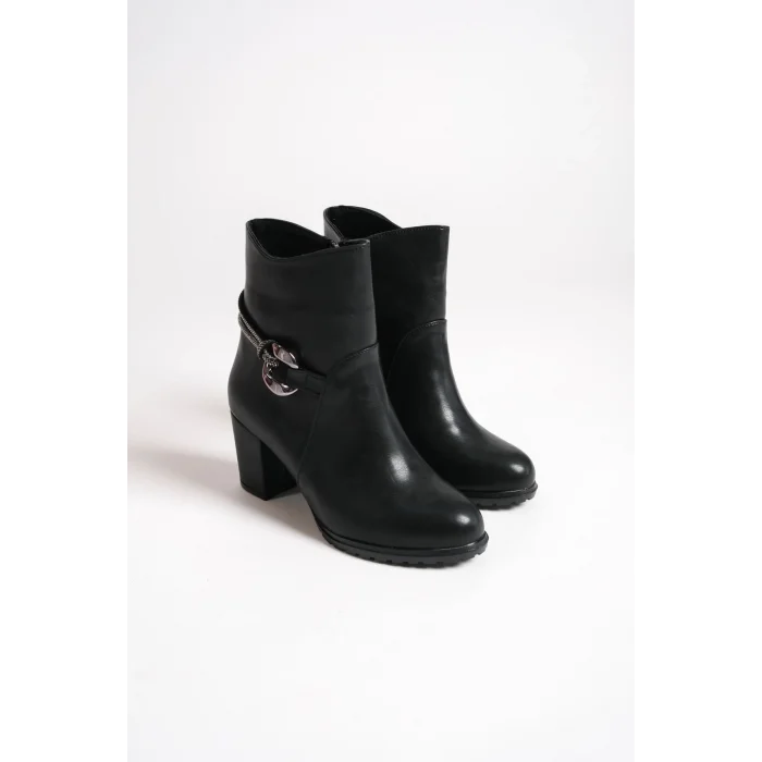 EDNA Fermuarlı Ortopedik Taban Taşlı Topuklu Kadın Bot ST - Siyah