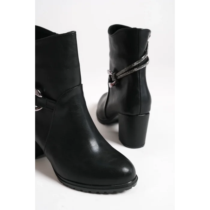 EDNA Fermuarlı Ortopedik Taban Taşlı Topuklu Kadın Bot ST - Siyah