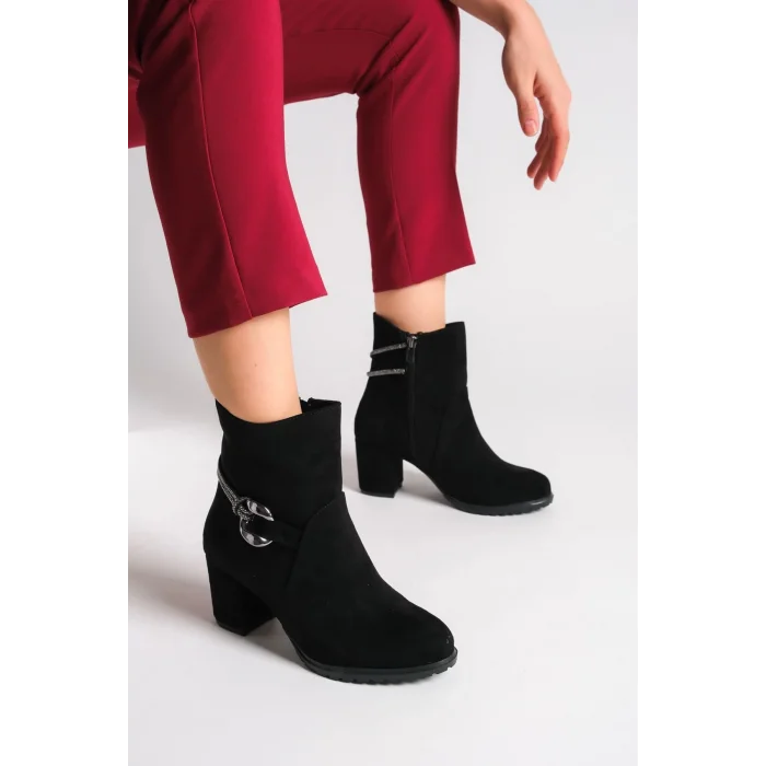 EDNA Fermuarlı Ortopedik Taban Taşlı Topuklu Süet Kadın Bot ST - Siyah
