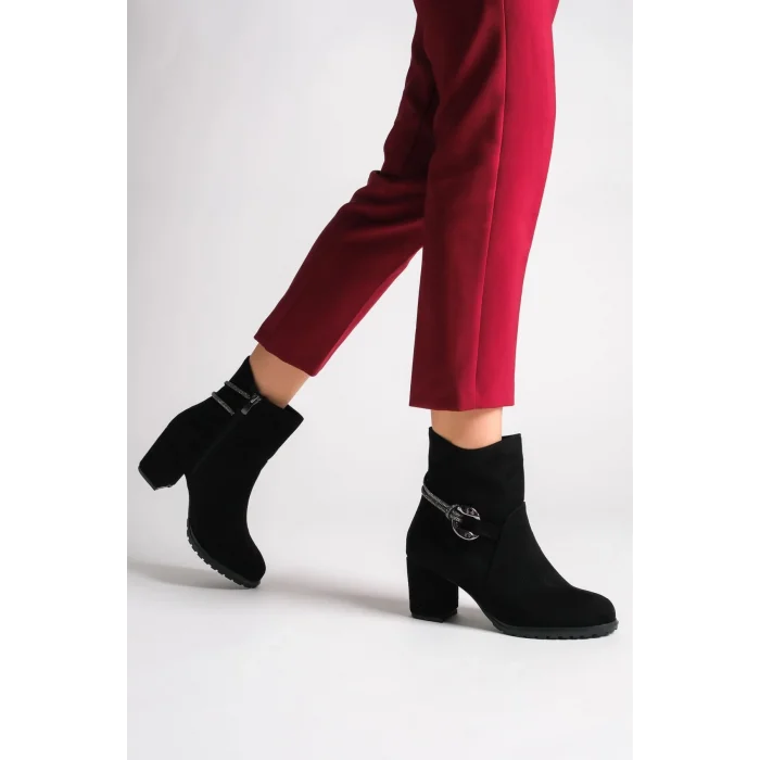 EDNA Fermuarlı Ortopedik Taban Taşlı Topuklu Süet Kadın Bot ST - Siyah