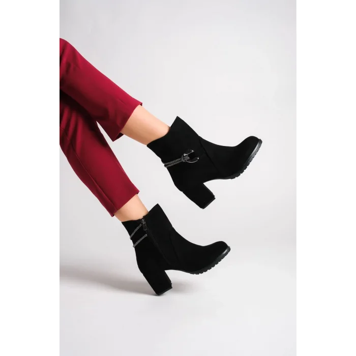 EDNA Fermuarlı Ortopedik Taban Taşlı Topuklu Süet Kadın Bot ST - Siyah