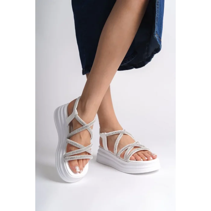 ELENA Lastikli Taşlı Şeritli Ortopedik Taban Kadın Sandalet  BT - Beyaz