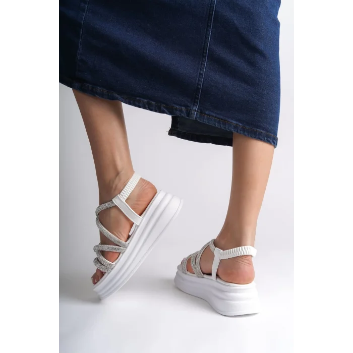 ELENA Lastikli Taşlı Şeritli Ortopedik Taban Kadın Sandalet  BT - Beyaz