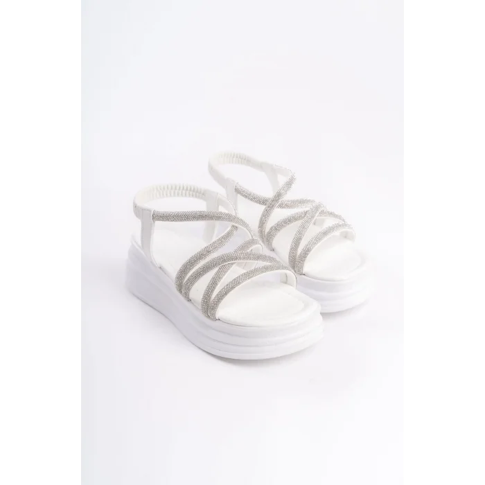 ELENA Lastikli Taşlı Şeritli Ortopedik Taban Kadın Sandalet  BT - Beyaz