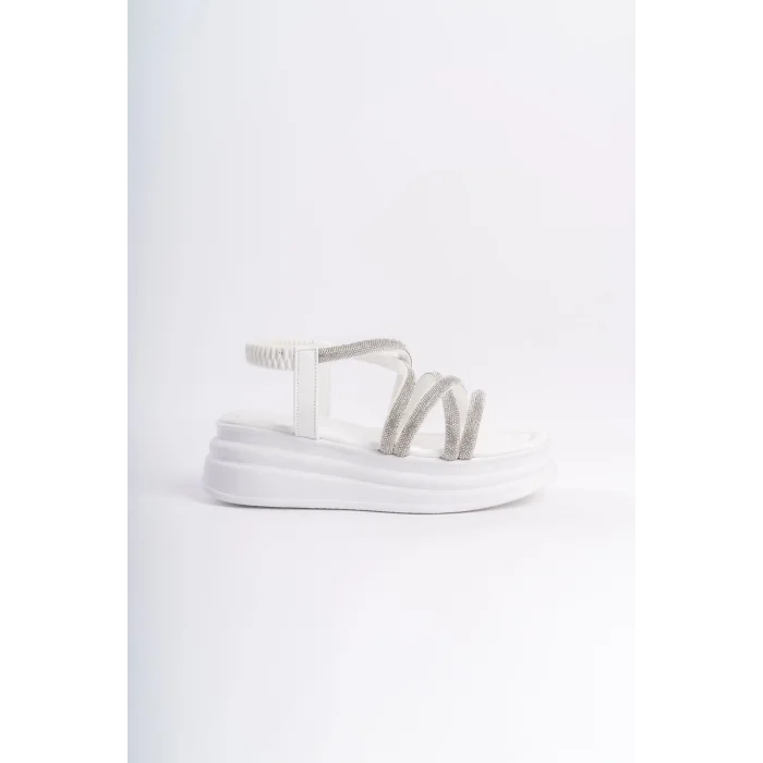 ELENA Lastikli Taşlı Şeritli Ortopedik Taban Kadın Sandalet  BT - Beyaz