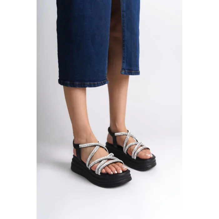 ELENA Lastikli Taşlı Şeritli Ortopedik Taban Kadın Sandalet ST - Siyah
