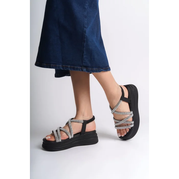 ELENA Lastikli Taşlı Şeritli Ortopedik Taban Kadın Sandalet ST - Siyah