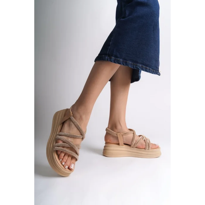 ELENA Lastikli Taşlı Şeritli Ortopedik Taban Kadın Sandalet TT - Ten