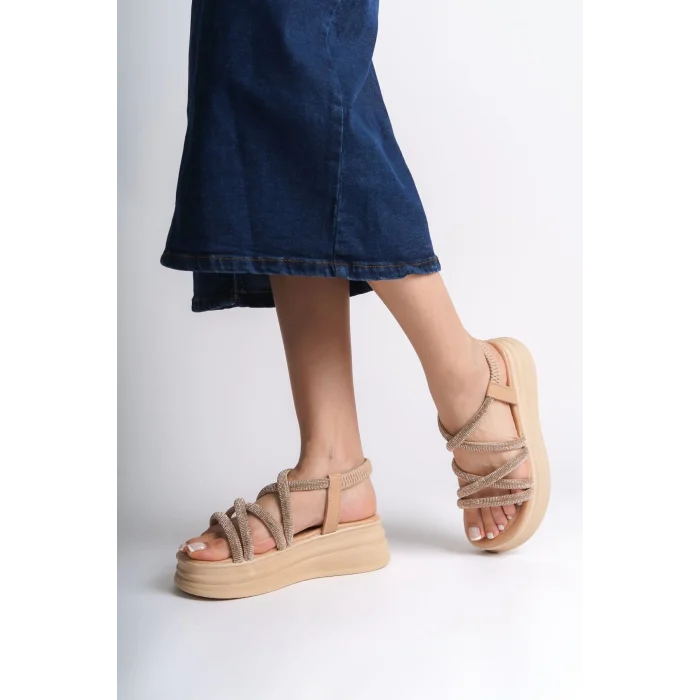 ELENA Lastikli Taşlı Şeritli Ortopedik Taban Kadın Sandalet TT - Ten