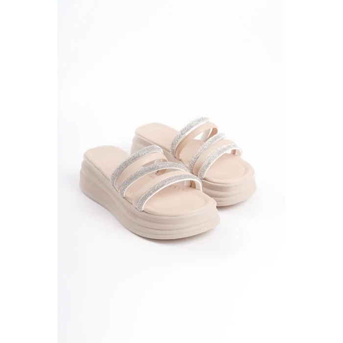 ELISE Düz Topuklu Şeritli Taşlı Kalın ve Ortopedik Taban Kadın Terlik  KT - Krem