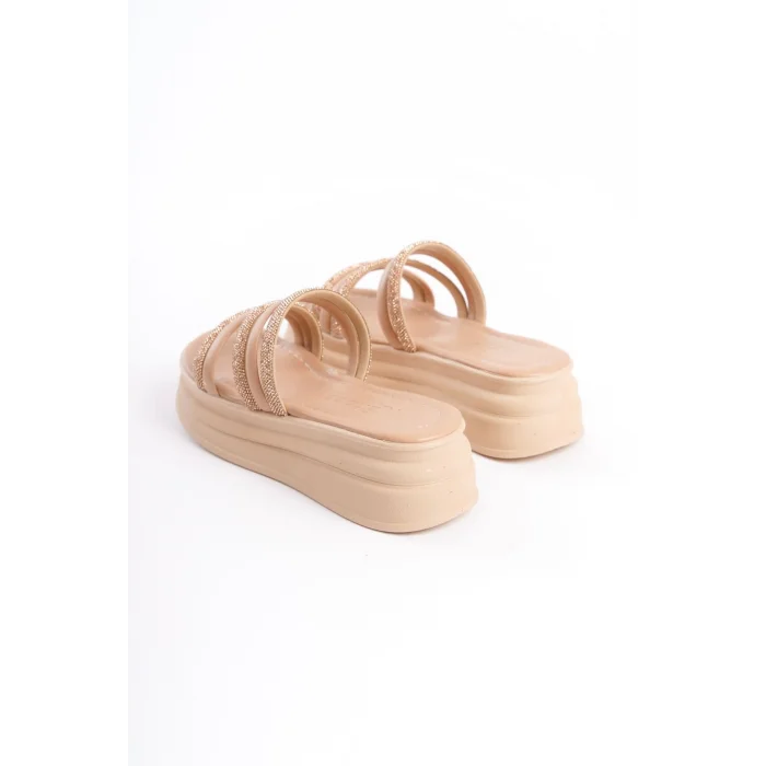 ELISE Düz Topuklu Şeritli Taşlı Kalın ve Ortopedik Taban Kadın Terlik  TT - Ten