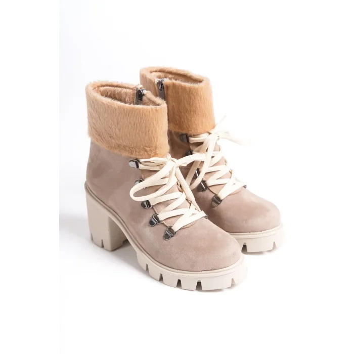 EMMA Bağcıklı Fermuarlı Ortopedik Taban Topuklu Kürk Detaylı Süet Kadın Bot TT - Ten