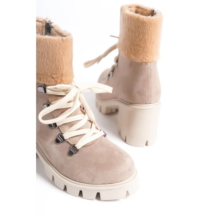 EMMA Bağcıklı Fermuarlı Ortopedik Taban Topuklu Kürk Detaylı Süet Kadın Bot TT - Ten