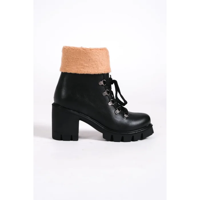 EMMA Bağcıklı Fermuarlı Ortopedik Taban Topuklu Kürk DetaylıKadın Bot  ST - Siyah
