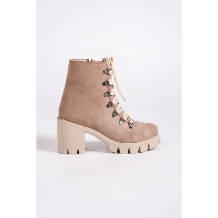 EMMA Bağcıklı Fermuarlı Ortopedik Taban Topuklu Süet Kadın Bot  TT - Ten
