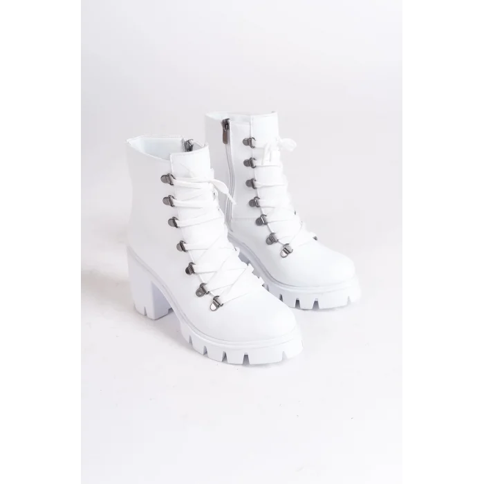 EMMA Bağcıklı Fermuarlı Ortopedik Taban TopukluKadın Bot BT - Beyaz