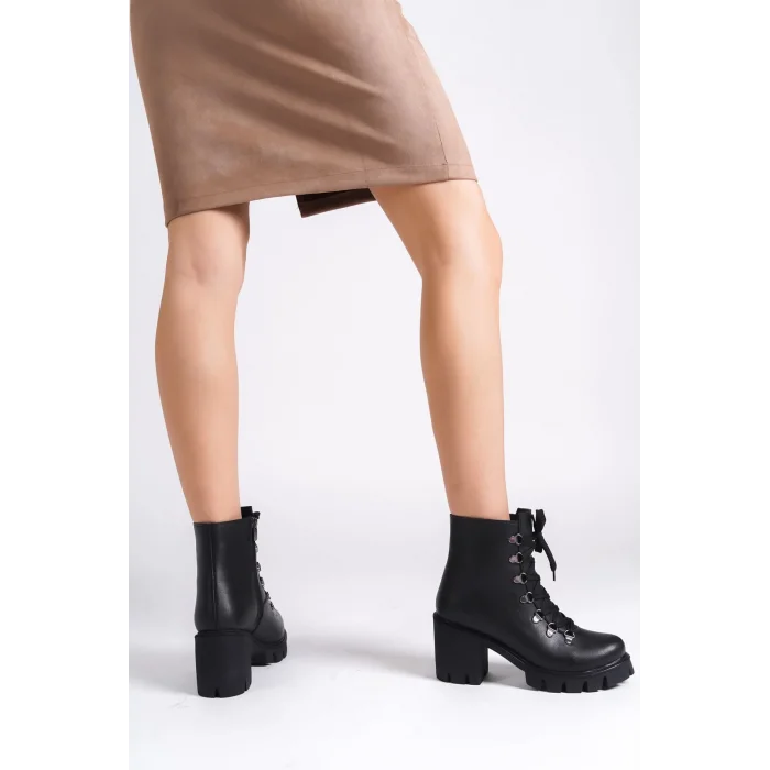 EMMA Bağcıklı Fermuarlı Ortopedik Taban TopukluKadın Bot  ST - Siyah