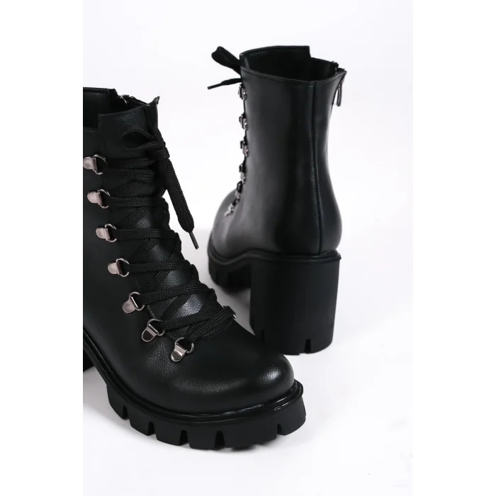 EMMA Bağcıklı Fermuarlı Ortopedik Taban TopukluKadın Bot  ST - Siyah