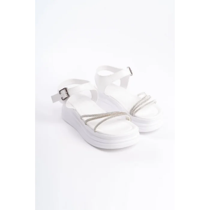 EVA Kalın Tokalı Taşlı Şeritli Ortopedik Taban Kadın Sandalet  BT - Beyaz