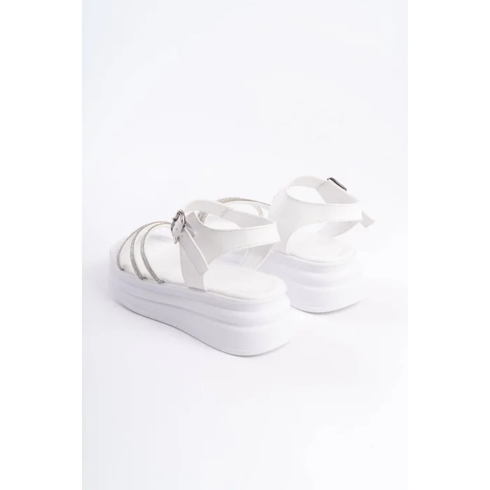 EVA Kalın Tokalı Taşlı Şeritli Ortopedik Taban Kadın Sandalet  BT - Beyaz