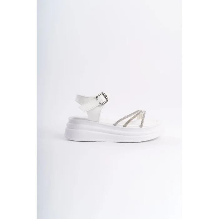 EVA Kalın Tokalı Taşlı Şeritli Ortopedik Taban Kadın Sandalet  BT - Beyaz