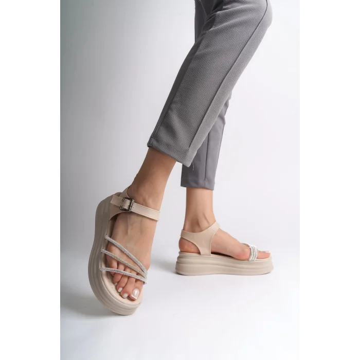EVA Kalın Tokalı Taşlı Şeritli Ortopedik Taban Kadın Sandalet  KT - Krem