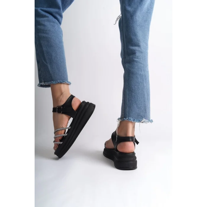 EVA Kalın Tokalı Taşlı Şeritli Ortopedik Taban Kadın Sandalet  ST - Siyah