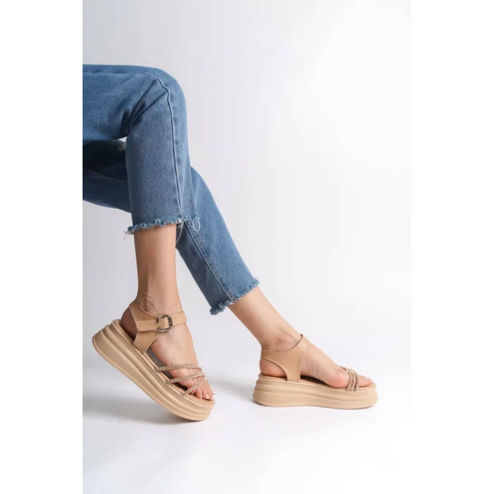 EVA Kalın Tokalı Taşlı Şeritli Ortopedik Taban Kadın Sandalet  TT - Ten