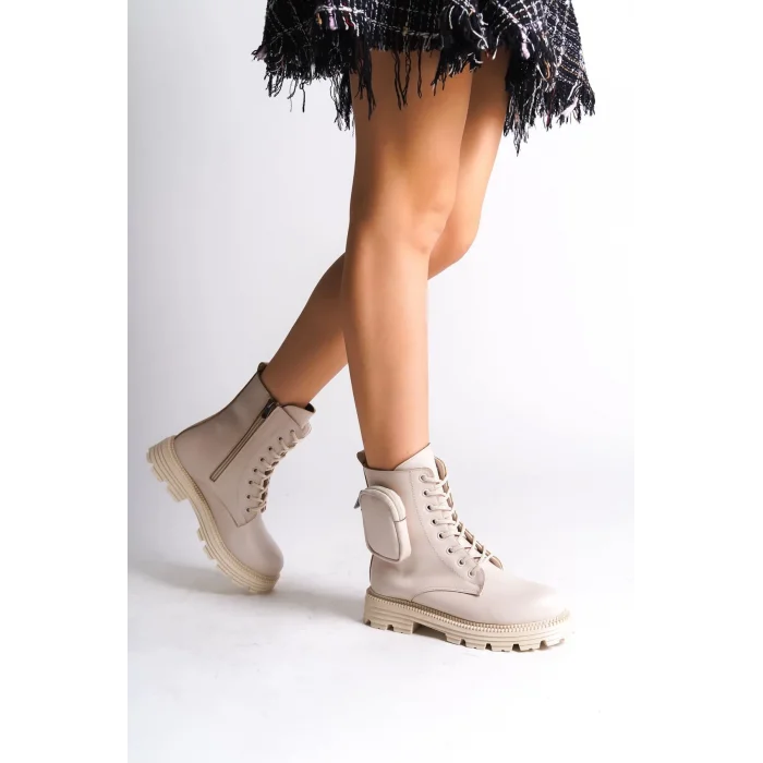 GINA Bağcıklı Fermuarlı Ortopedik Taban Çantalı Kadın Bot  KT - Krem